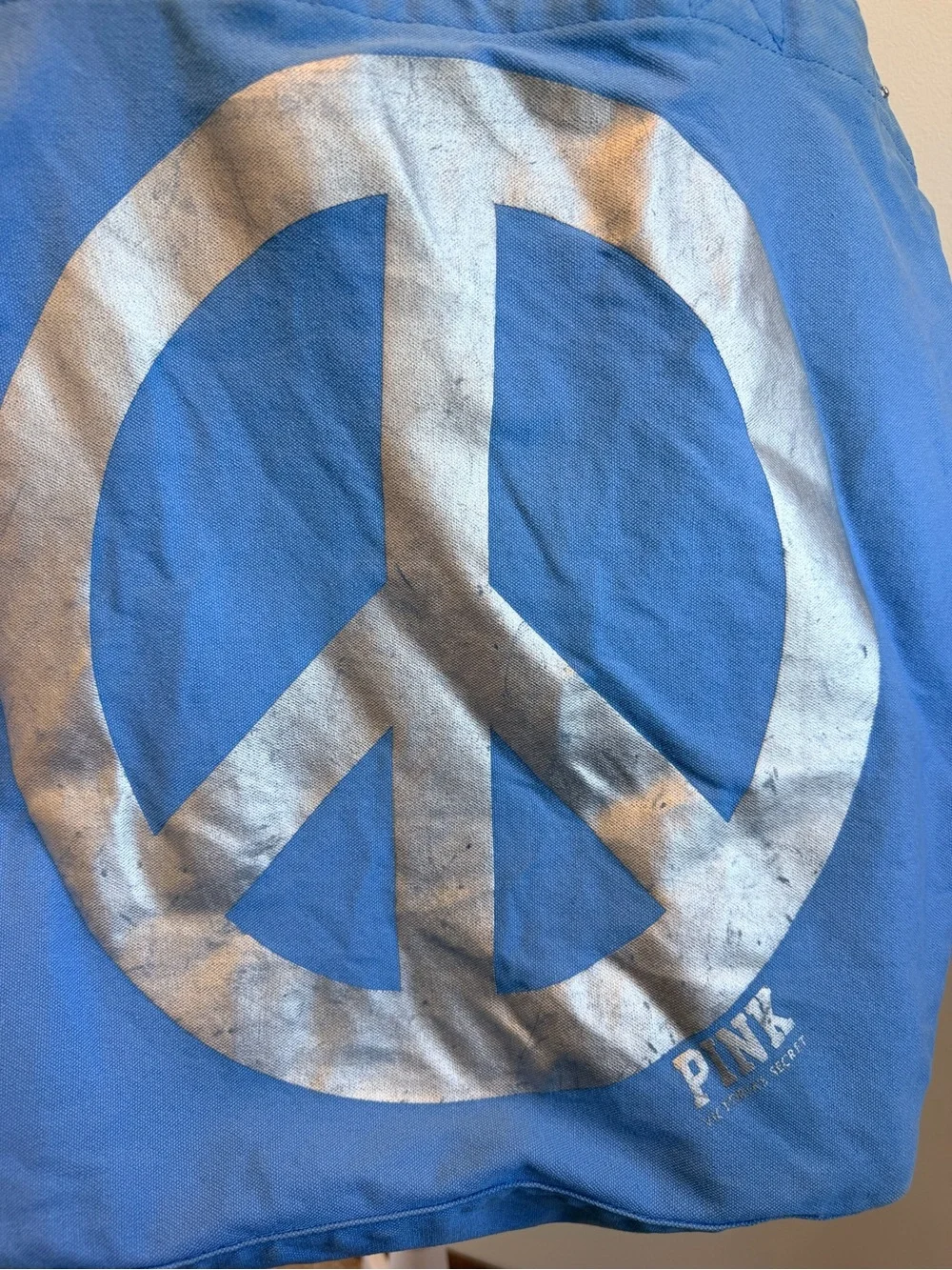 PINK Victoria's Secret Blue Canvas Tote with Silver Peace Sign - VINTAGE